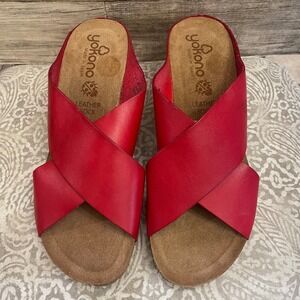 Yokono Red Leather Criss Cross Cork Wedge Sandals Women's Size 9.5